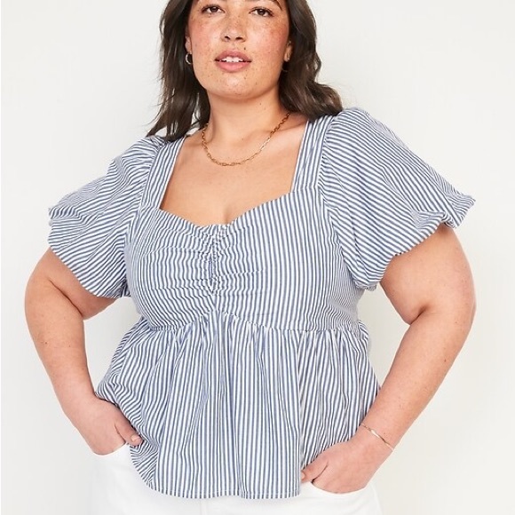 Plus Sized Puff-Sleeve Striped Ruched Smocked Babydoll Swing Blouse - Picture 1 of 8